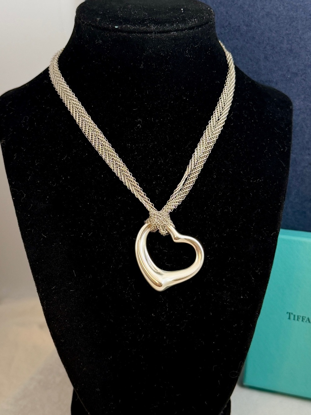 TIFFANY & CO Sterling Large Elsa Peretti Open Heart Pendant Mesh Necklace w/ COA